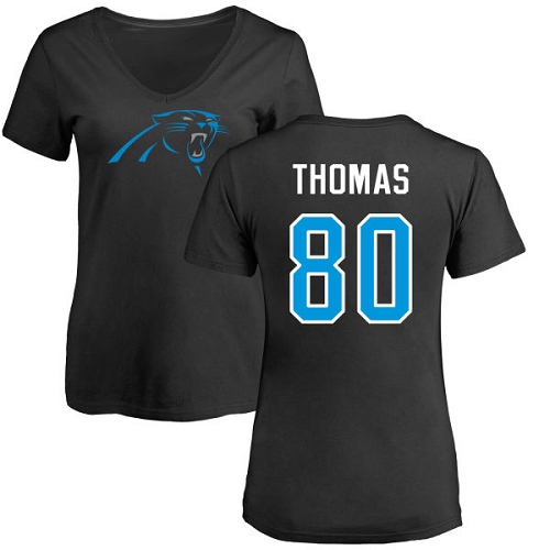 Carolina Panthers Black Women Ian Thomas Name and Number Logo Slim Fit NFL Football #80 T Shirt->carolina panthers->NFL Jersey